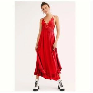 Free People NWT Adella Maxi Slip Dress Sleeveless Boho Crochet Lace Red XS New